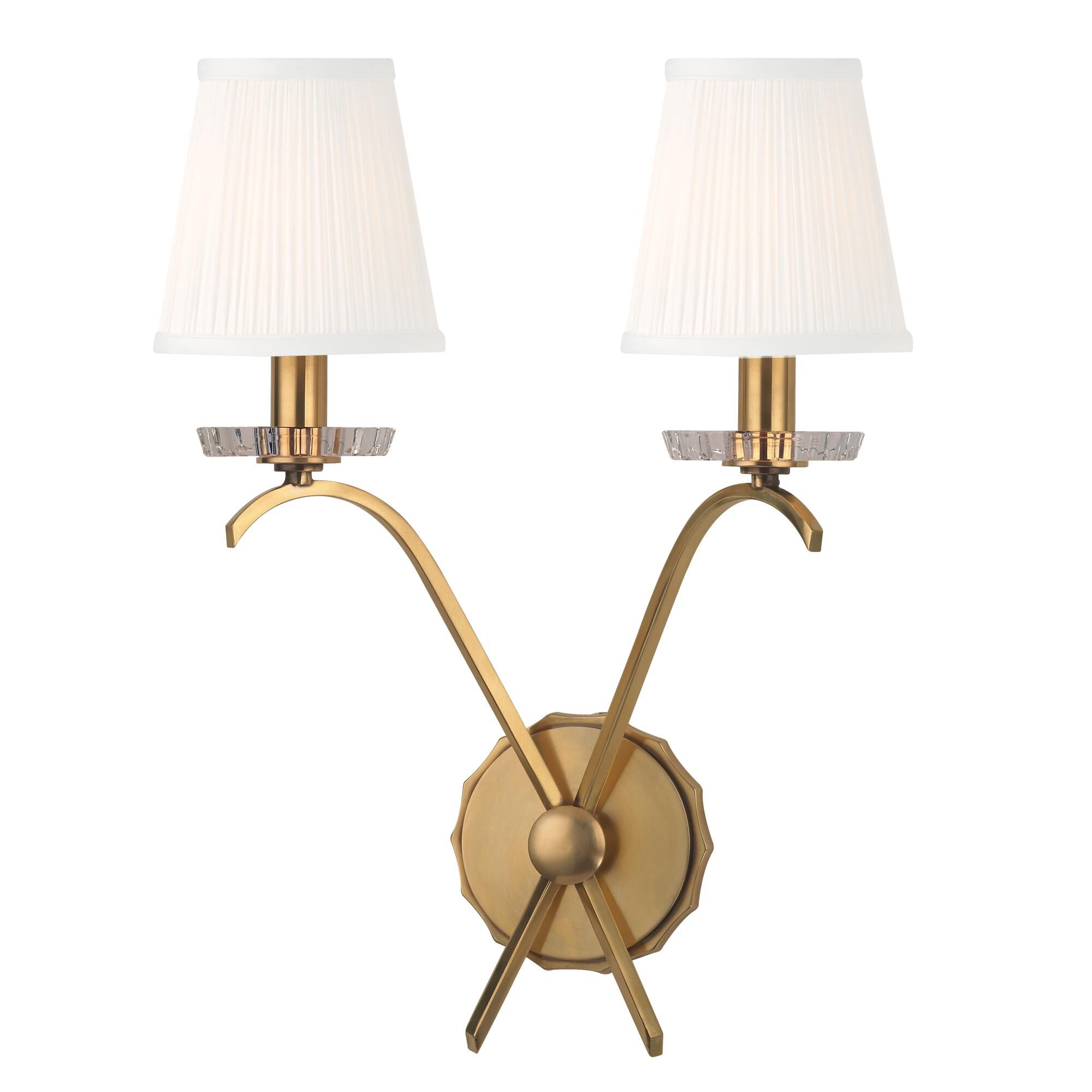 Shown in Aged Brass finish and White Pleated Silk shade 